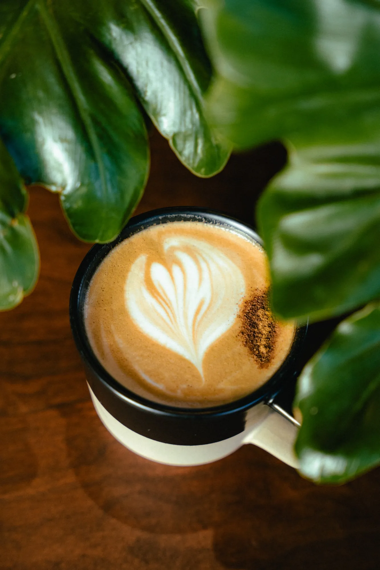 Overhead view of latte art heart design with monstera plant leaves on wooden cafe table